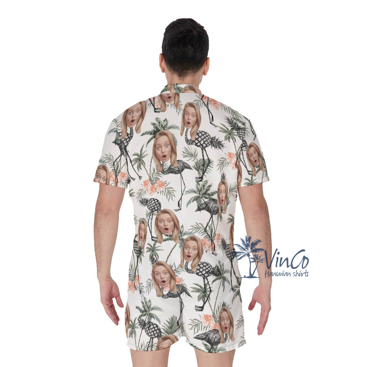 Funny Tropical Flamingo Pineapple Custom Face Men's Hawaiian Romper