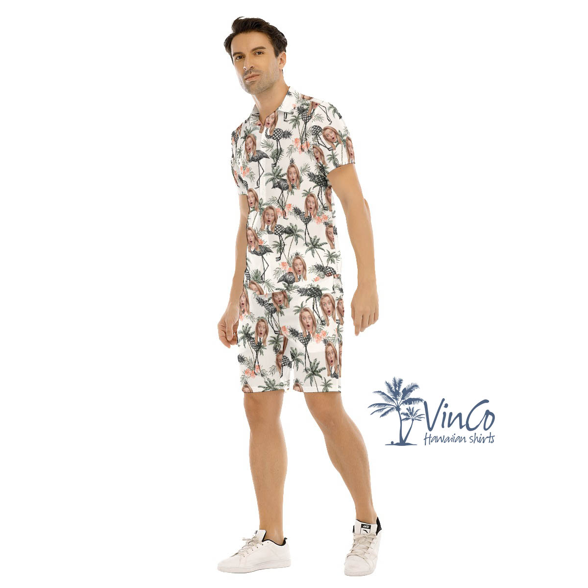 Custom Set Flamingo Pineapple Hawaiian Shirt And Matching Shorts With Face