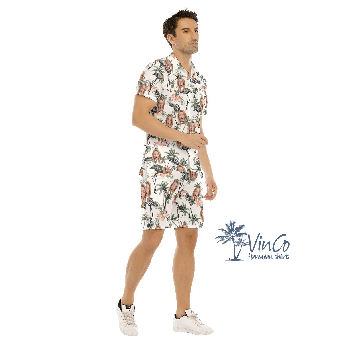 Custom Set Flamingo Pineapple Hawaiian Shirt And Matching Shorts With Face