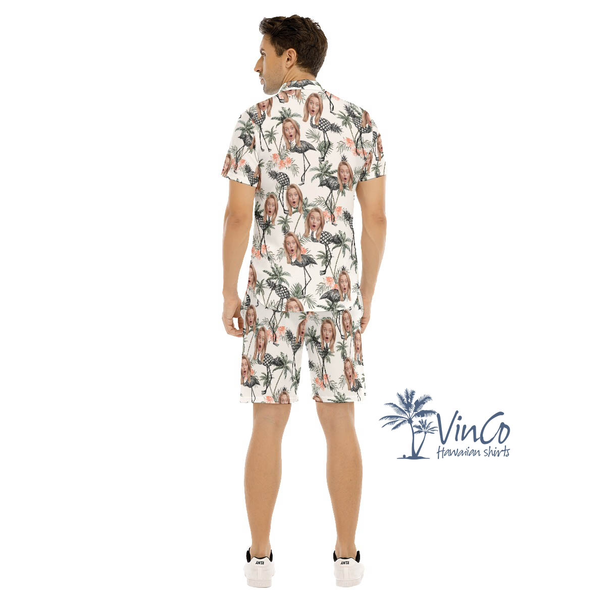 Custom Set Flamingo Pineapple Hawaiian Shirt And Matching Shorts With Face