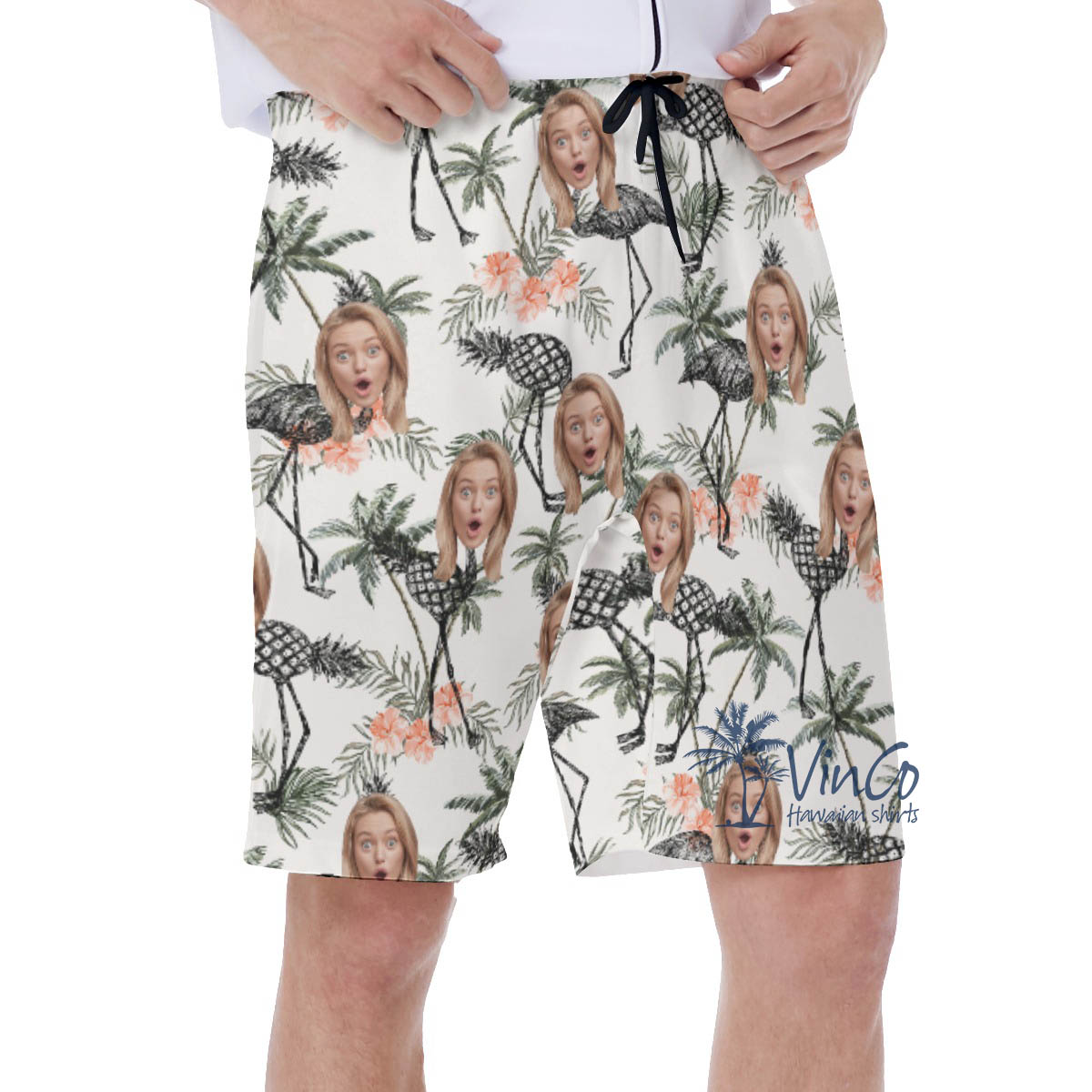 Funny Custom Face Palm Tree With Pineapple Flamingo Hawaiian Swim Trunks