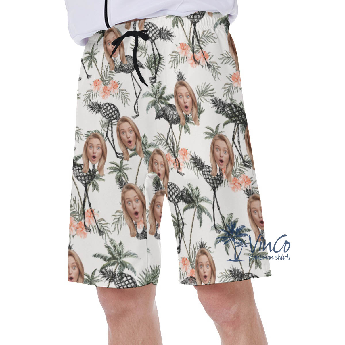 Funny Custom Face Palm Tree With Pineapple Flamingo Hawaiian Swim Trunks