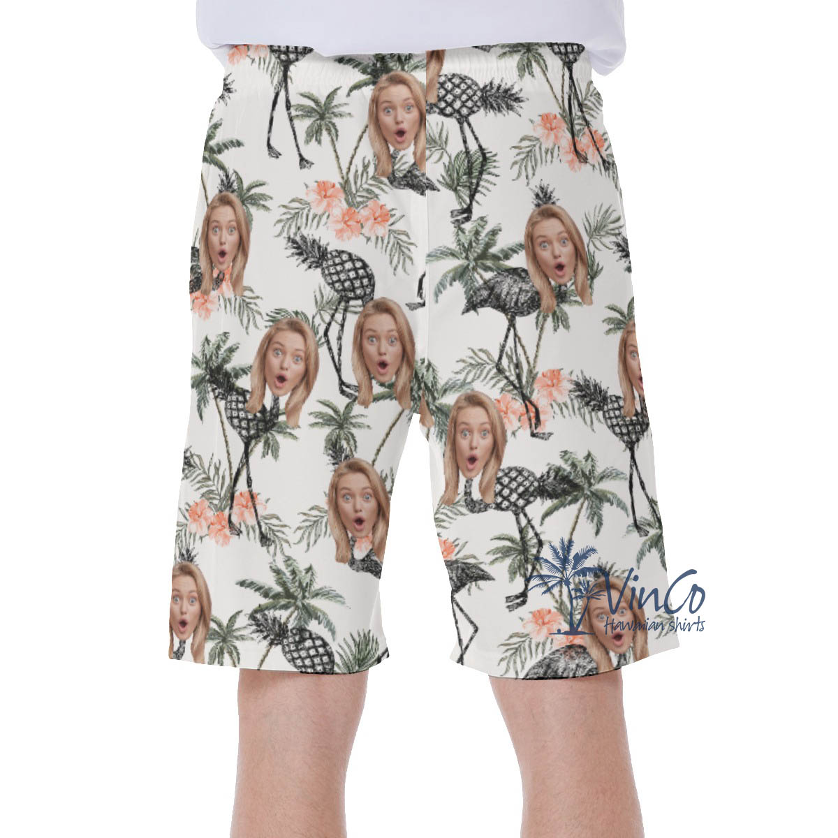 Funny Custom Face Palm Tree With Pineapple Flamingo Hawaiian Swim Trunks