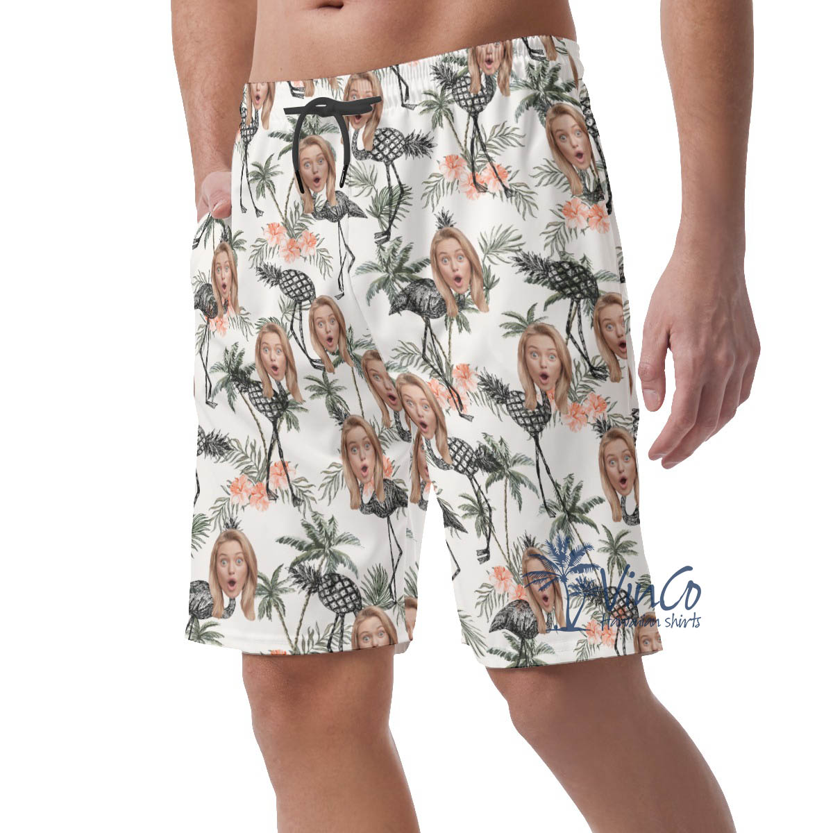 Custom Flamingo Pineapple Hawaiian Beach Shorts With Face