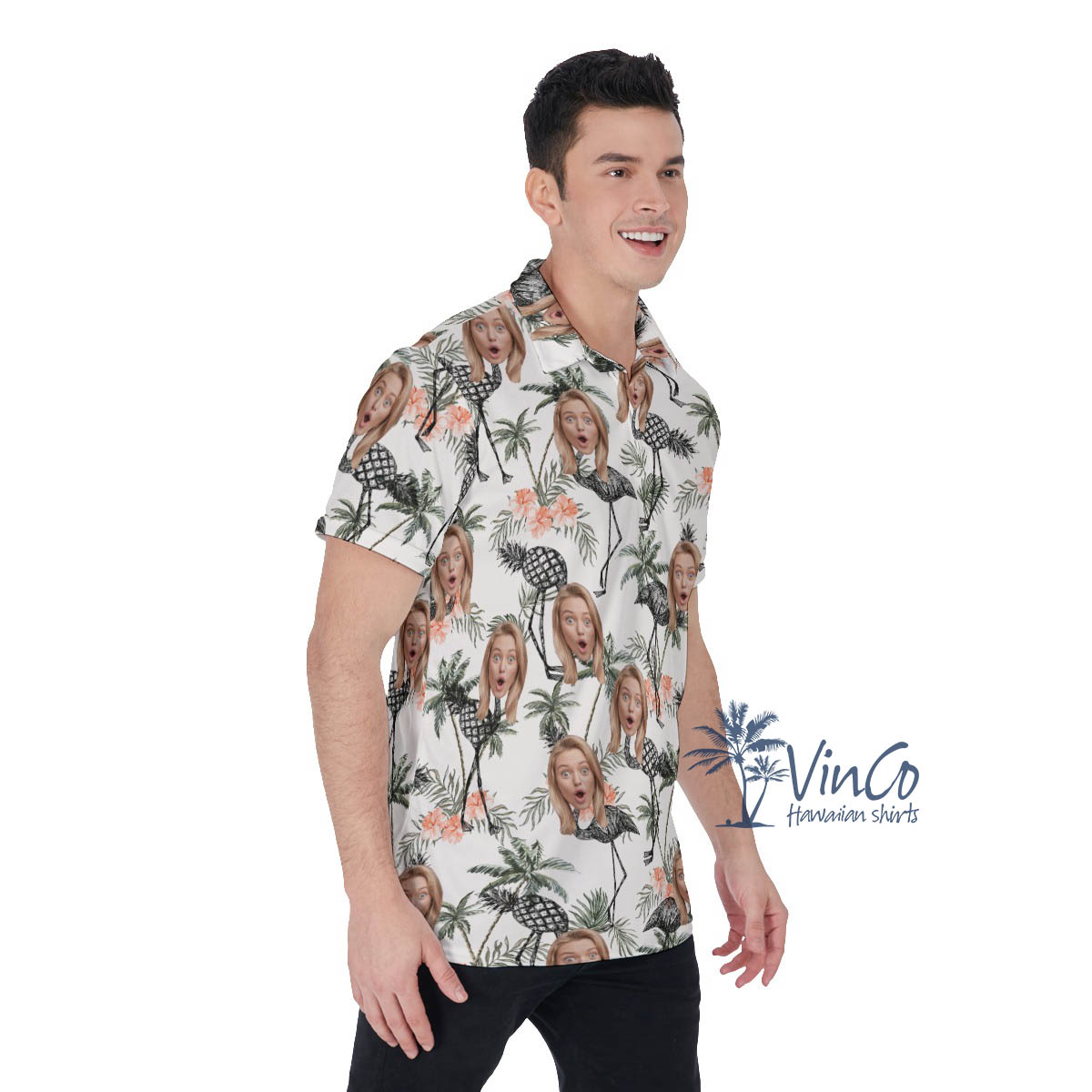 Funny Flamingo Pineapple Hibiscus Hawaiian Polo Shirt With Custom Face