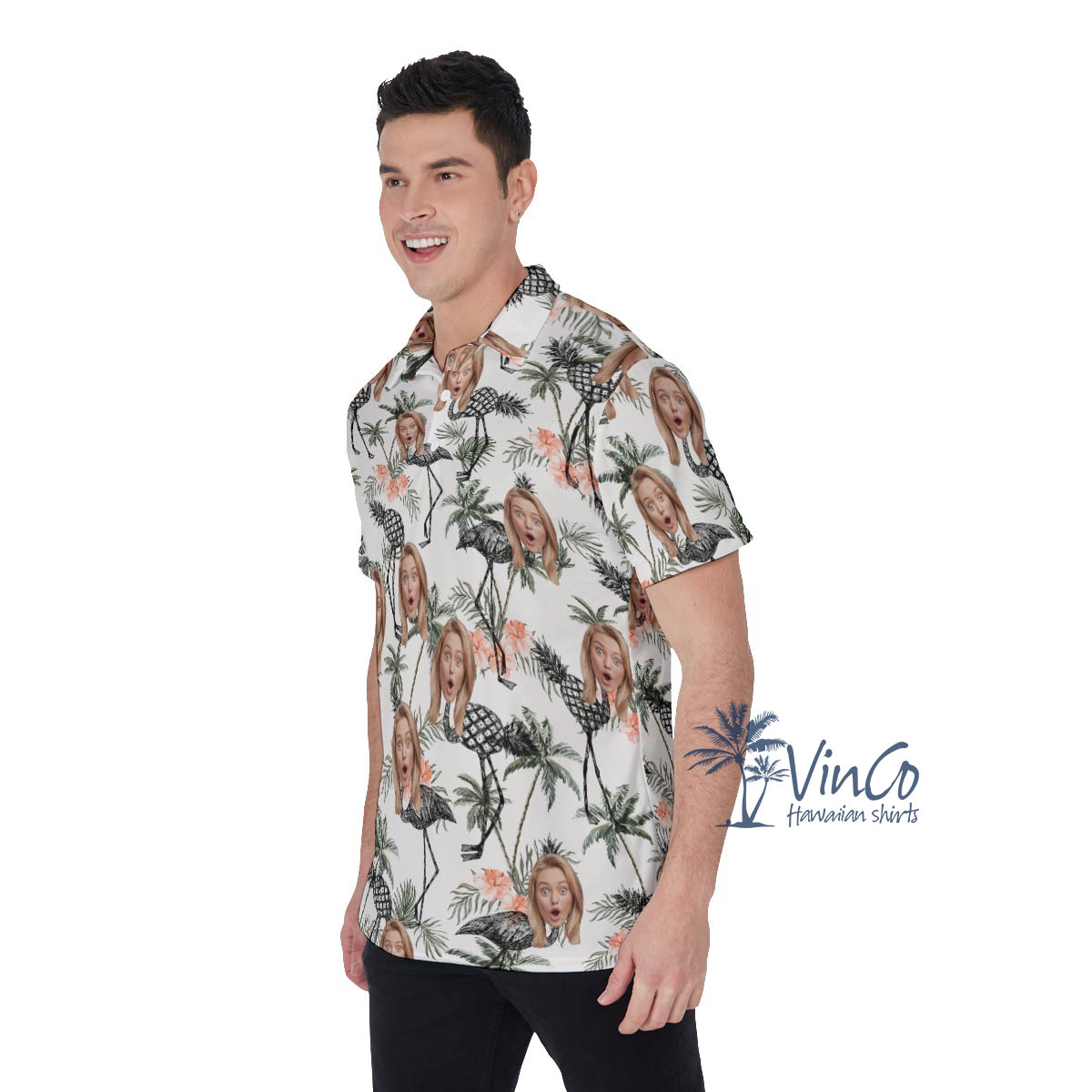 Funny Flamingo Pineapple Hibiscus Hawaiian Polo Shirt With Custom Face