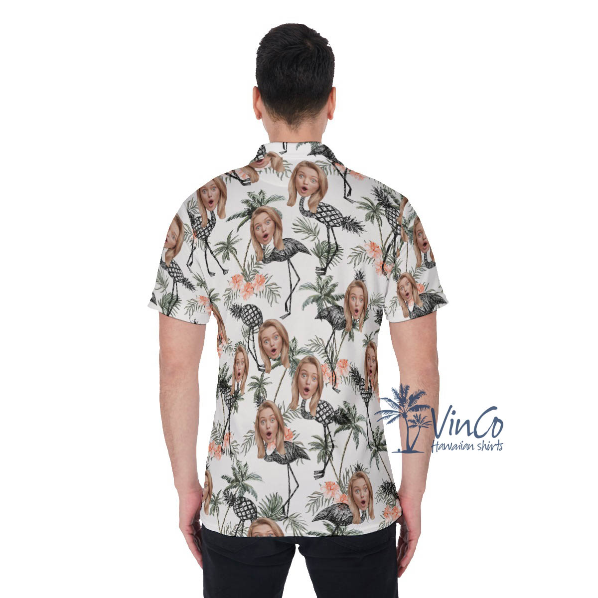 Funny Flamingo Pineapple Hibiscus Hawaiian Polo Shirt With Custom Face