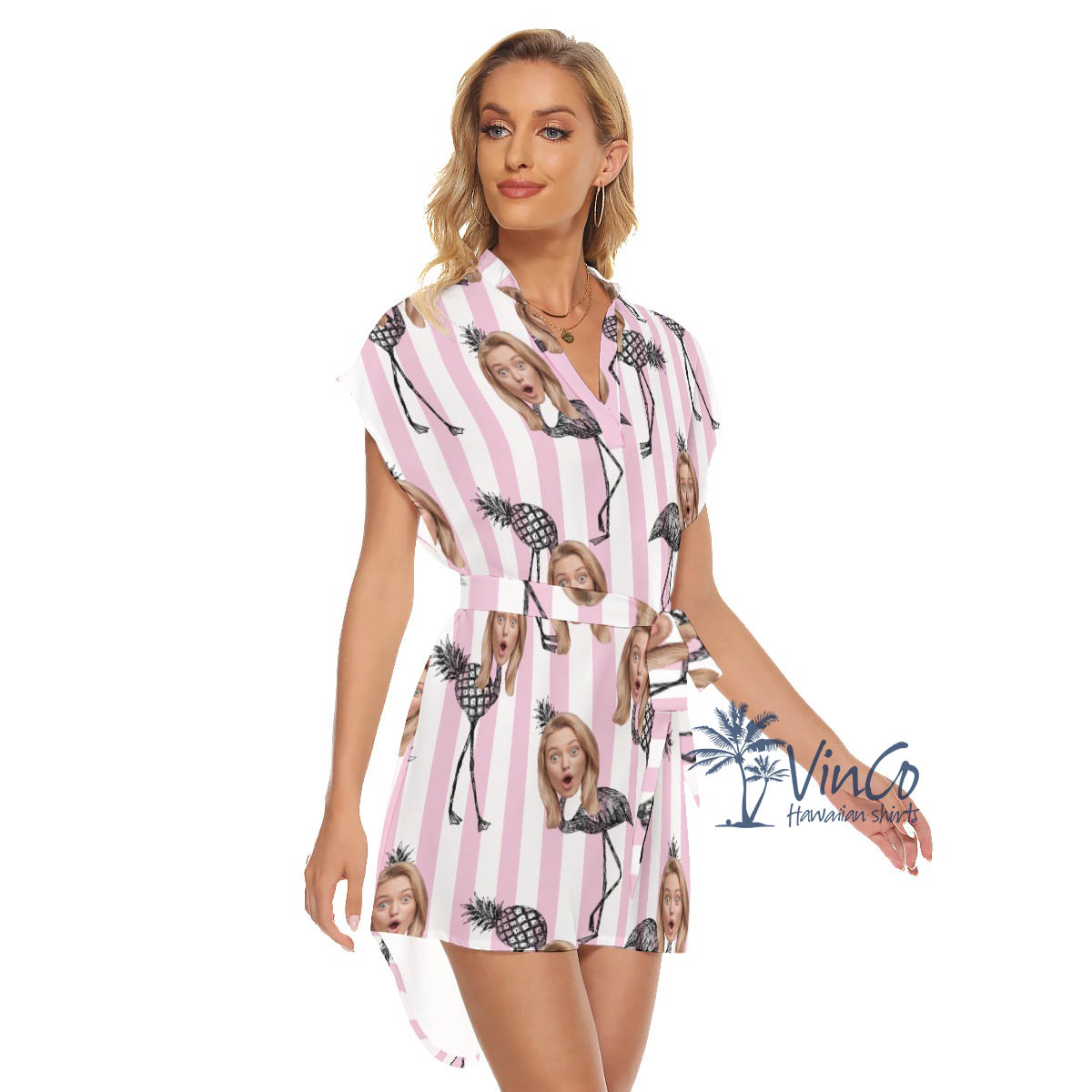 Funny Pineapple Flamingo Custom Face Summer Hawaiian Dresses With Belt