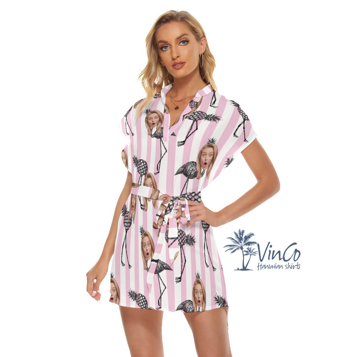 Funny Pineapple Flamingo Custom Face Summer Hawaiian Dresses With Belt