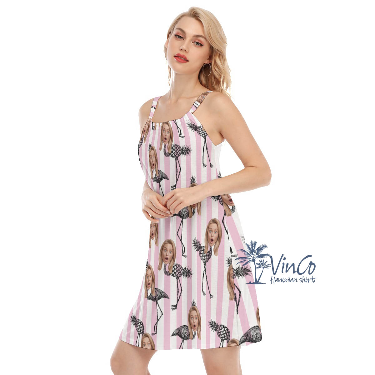 Funny Custom Face Pineapple Flamingo Pink Hawaiian Dress