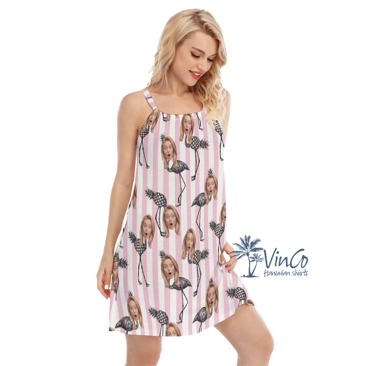 Funny Custom Face Pineapple Flamingo Pink Hawaiian Dress
