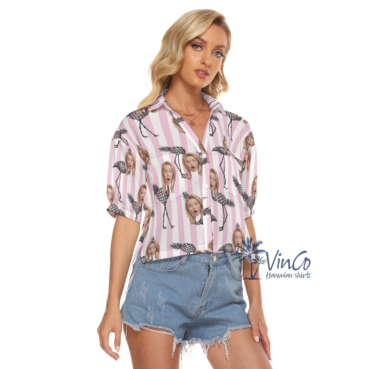 Custom Flamingo Pineapple Pink Hawaiian Cropped Shirts With Face
