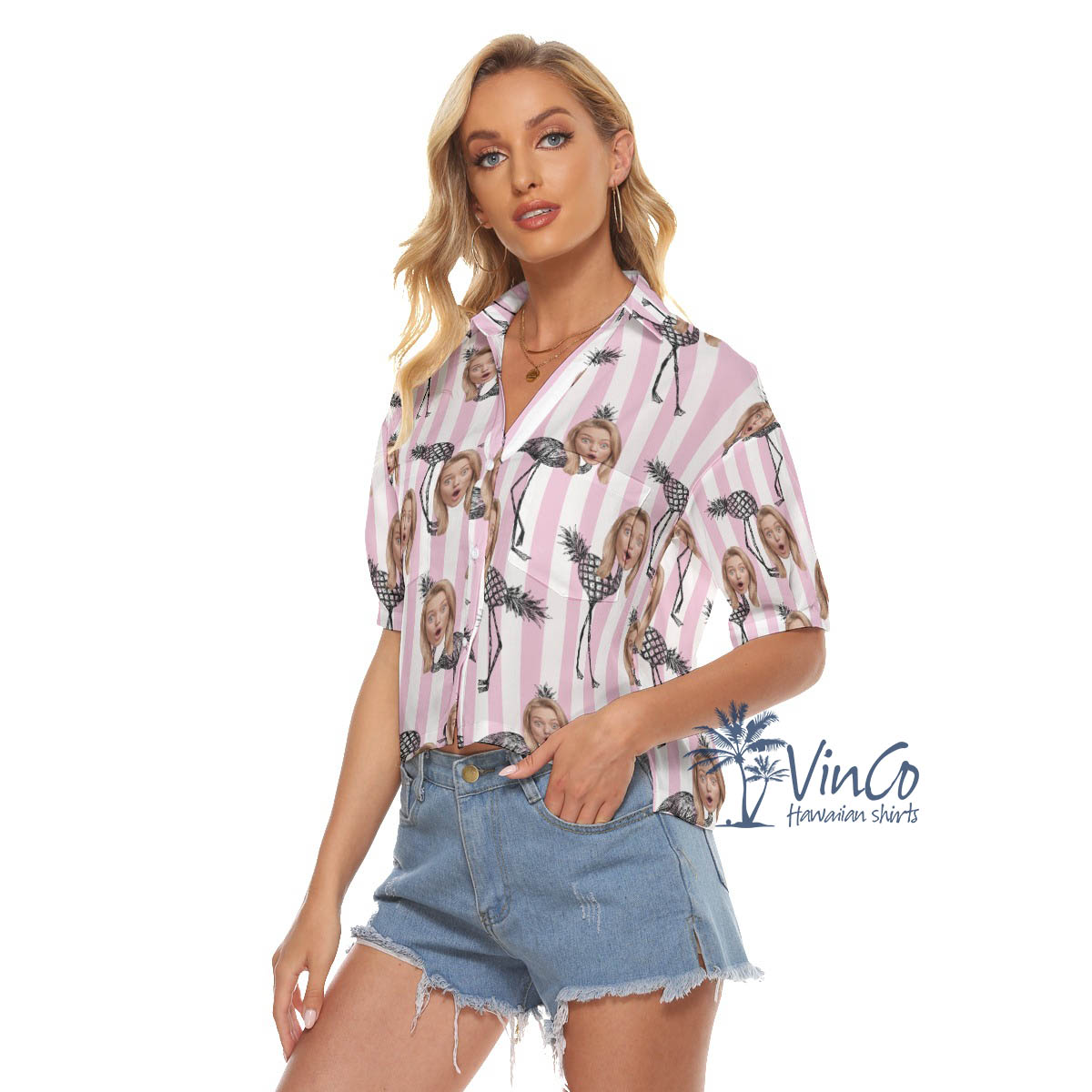 Custom Flamingo Pineapple Pink Hawaiian Cropped Shirts With Face