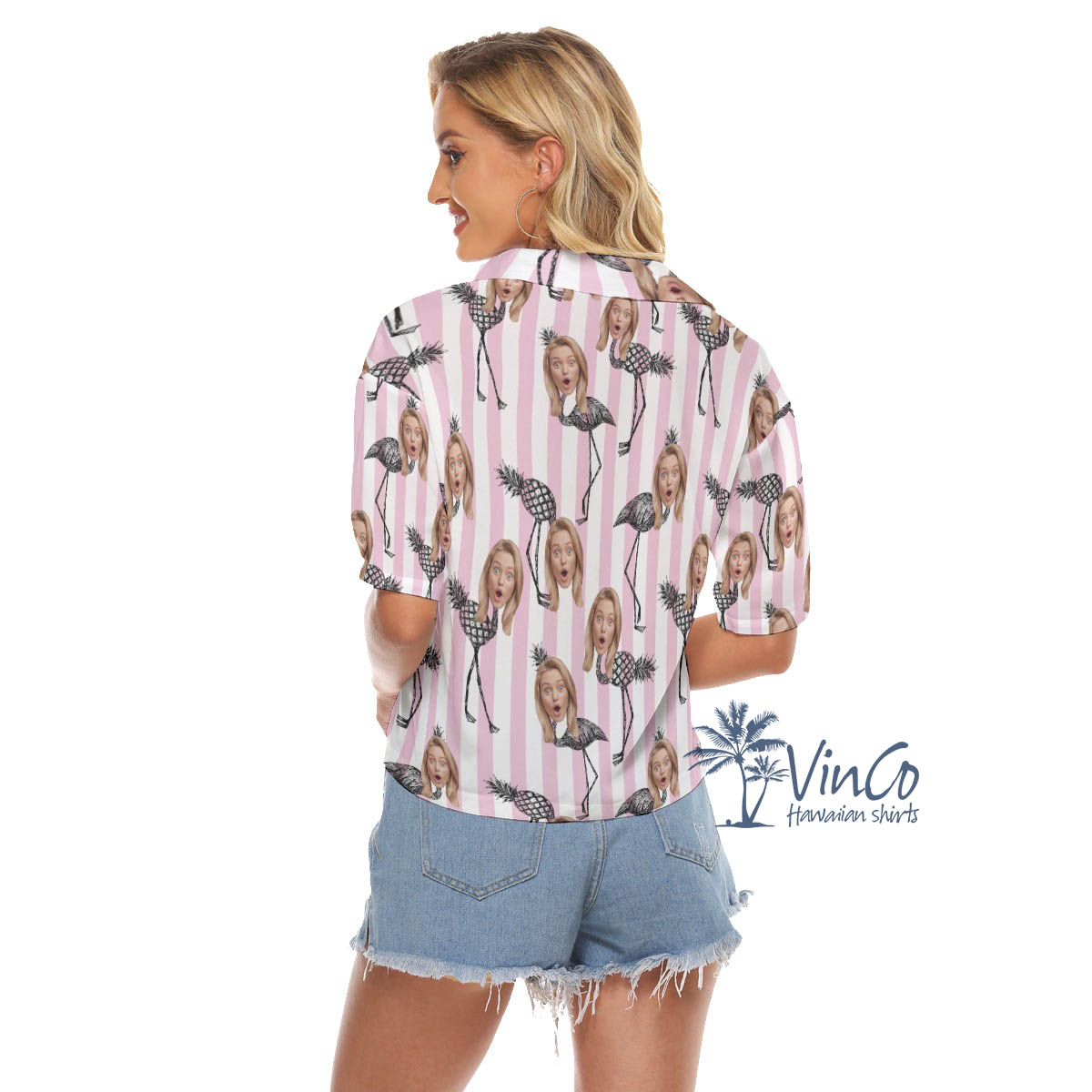 Custom Flamingo Pineapple Pink Hawaiian Cropped Shirts With Face