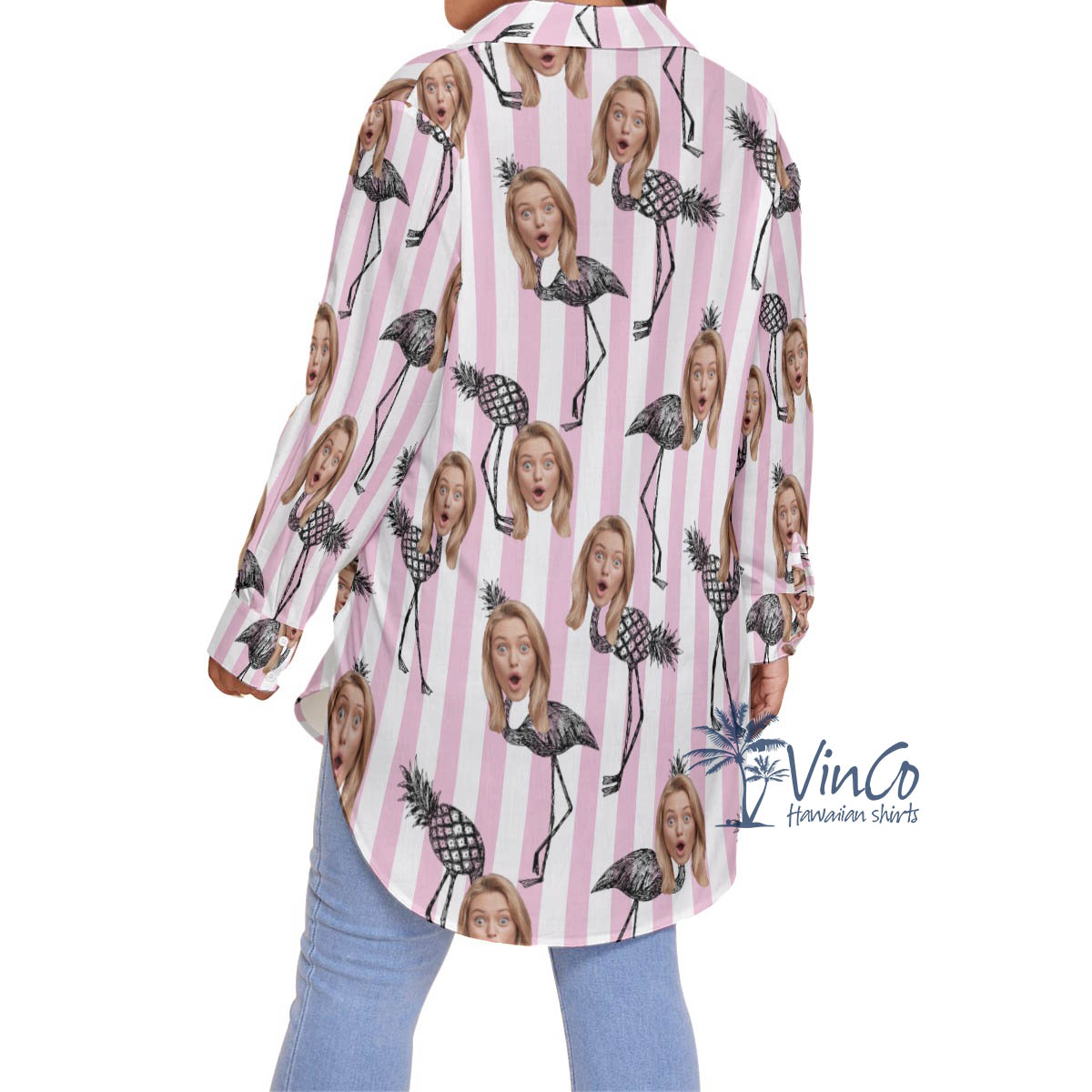 Funny Pineapple Flamingo Custom Face Pink Hawaiian Plus Size Shirt For Women