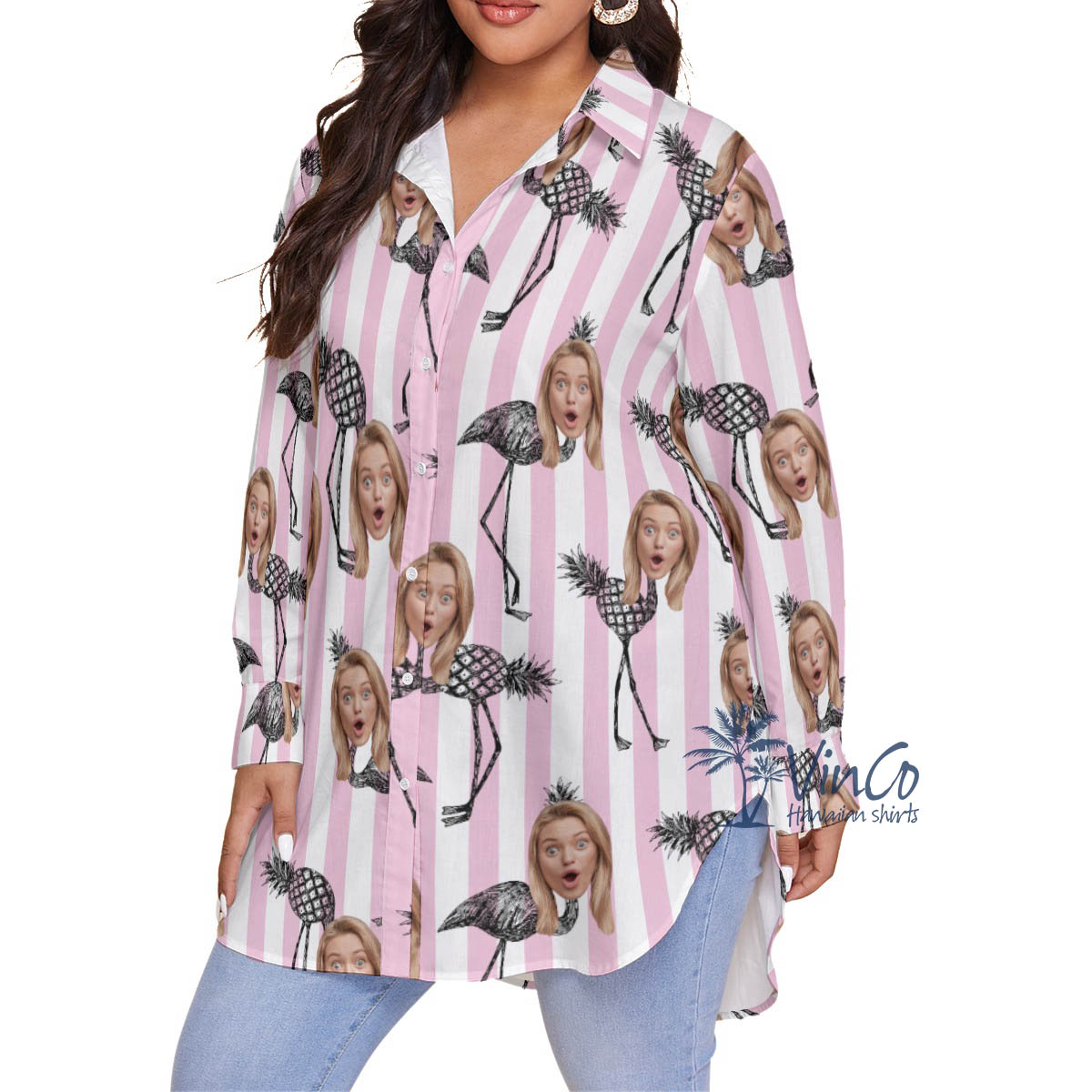 Funny Pineapple Flamingo Custom Face Pink Hawaiian Plus Size Shirt For Women