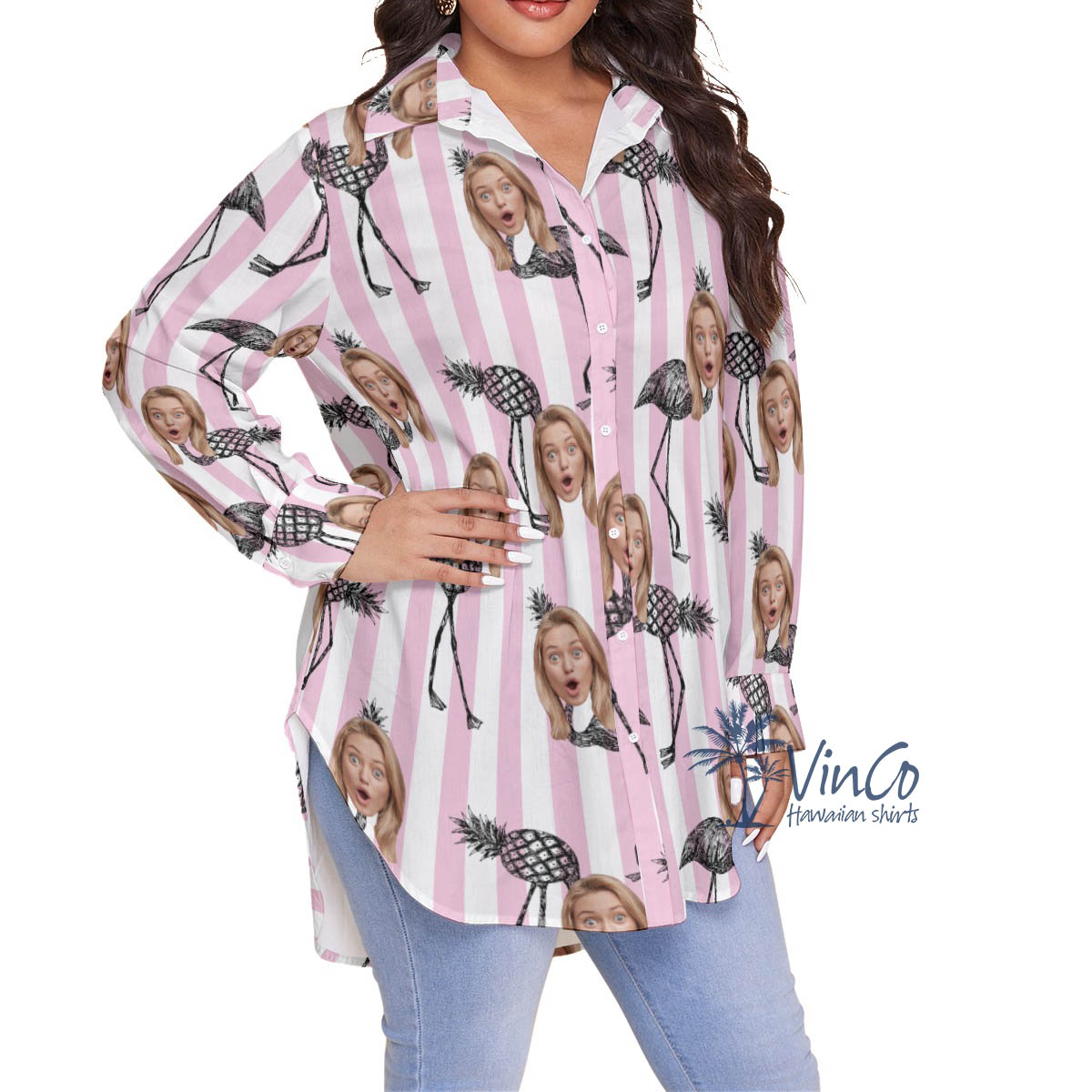 Funny Pineapple Flamingo Custom Face Pink Hawaiian Plus Size Shirt For Women