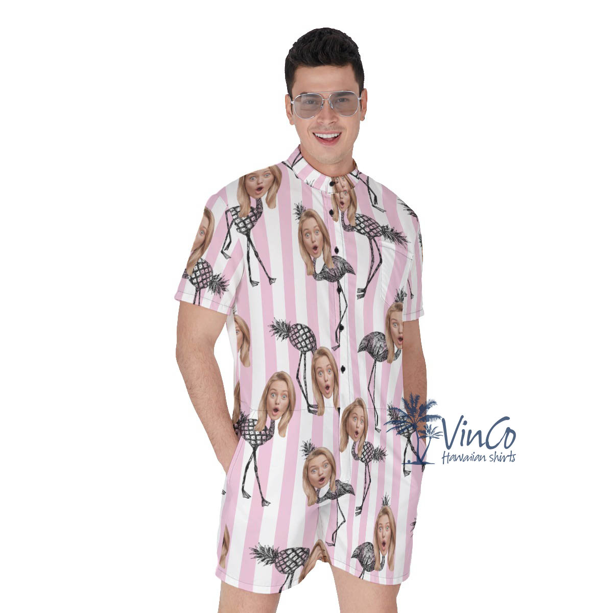 Funny Pineapple Flamingo Custom Hawaiian Romper With Face - variant image 1