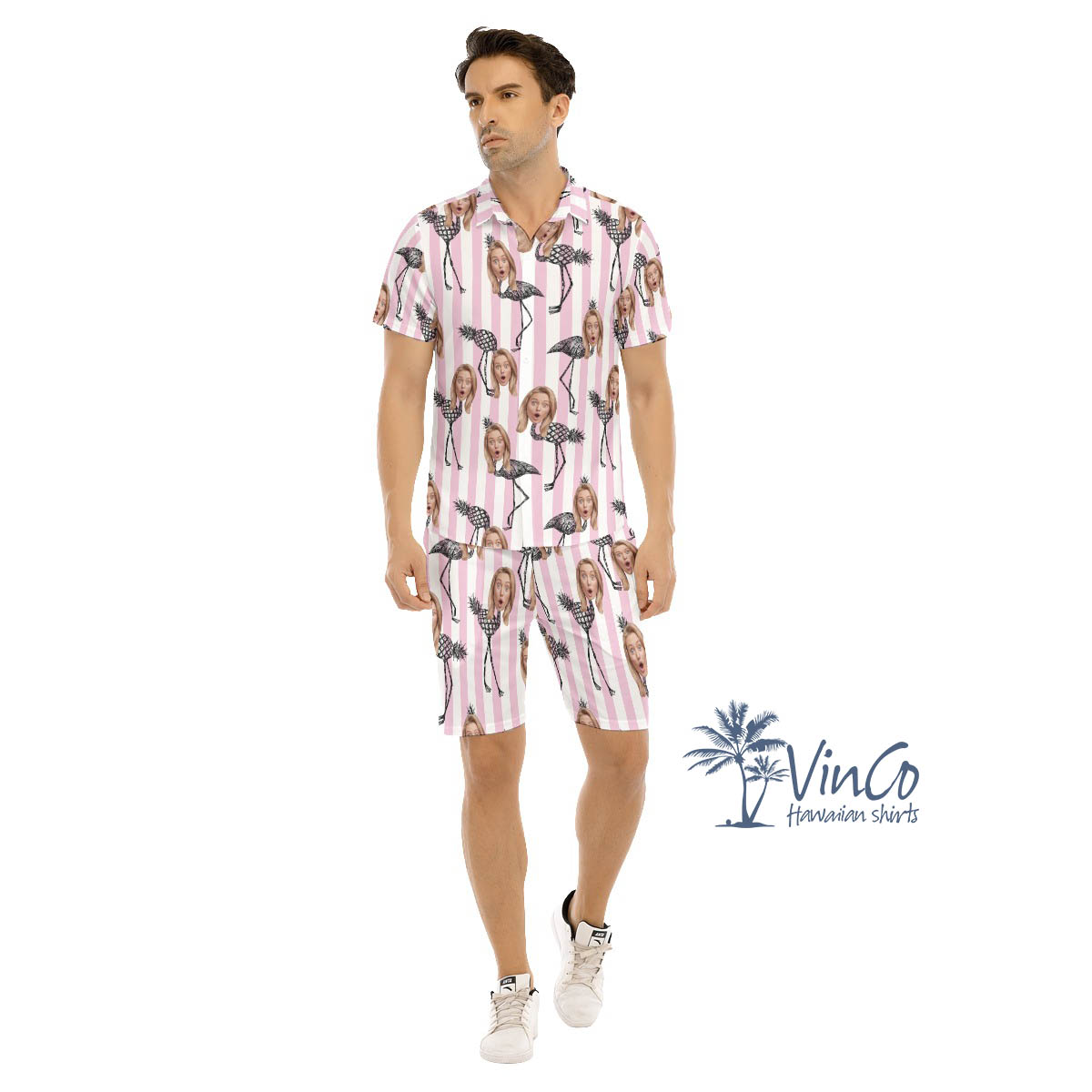 Funny Flamingo Pineapple Hawaiian Shirt And Matching Shorts With Custom Face - variant image 1