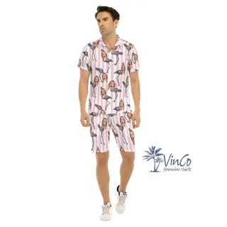Funny Flamingo Pineapple Hawaiian Shirt And Matching Shorts With Custom Face