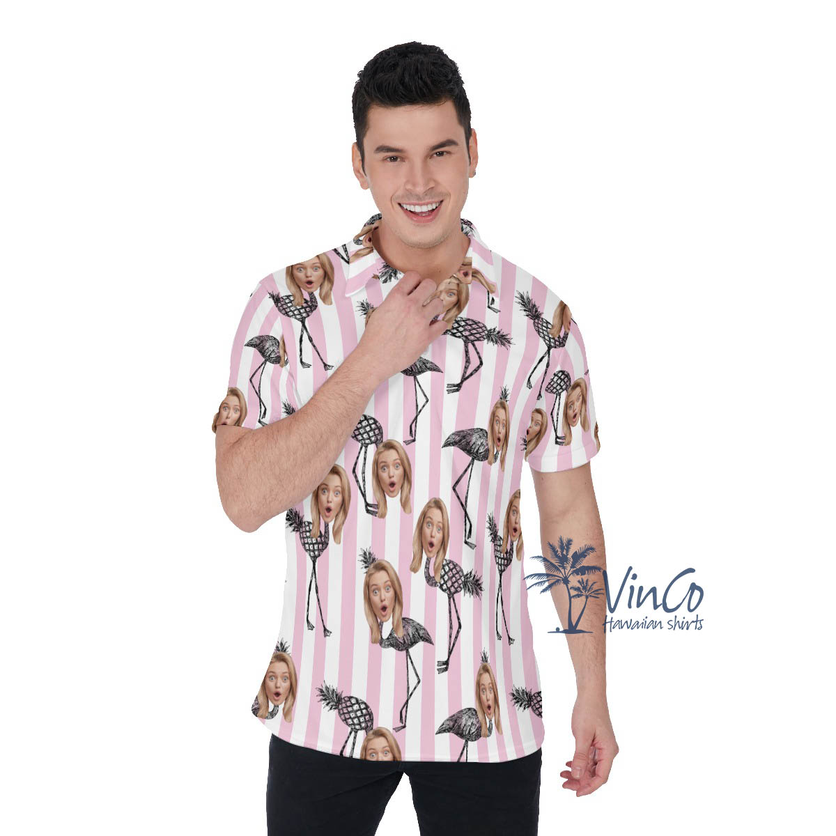 Custom Face Pineapple Flamingo Pink Hawaiian Polo Shirt - variant image 1