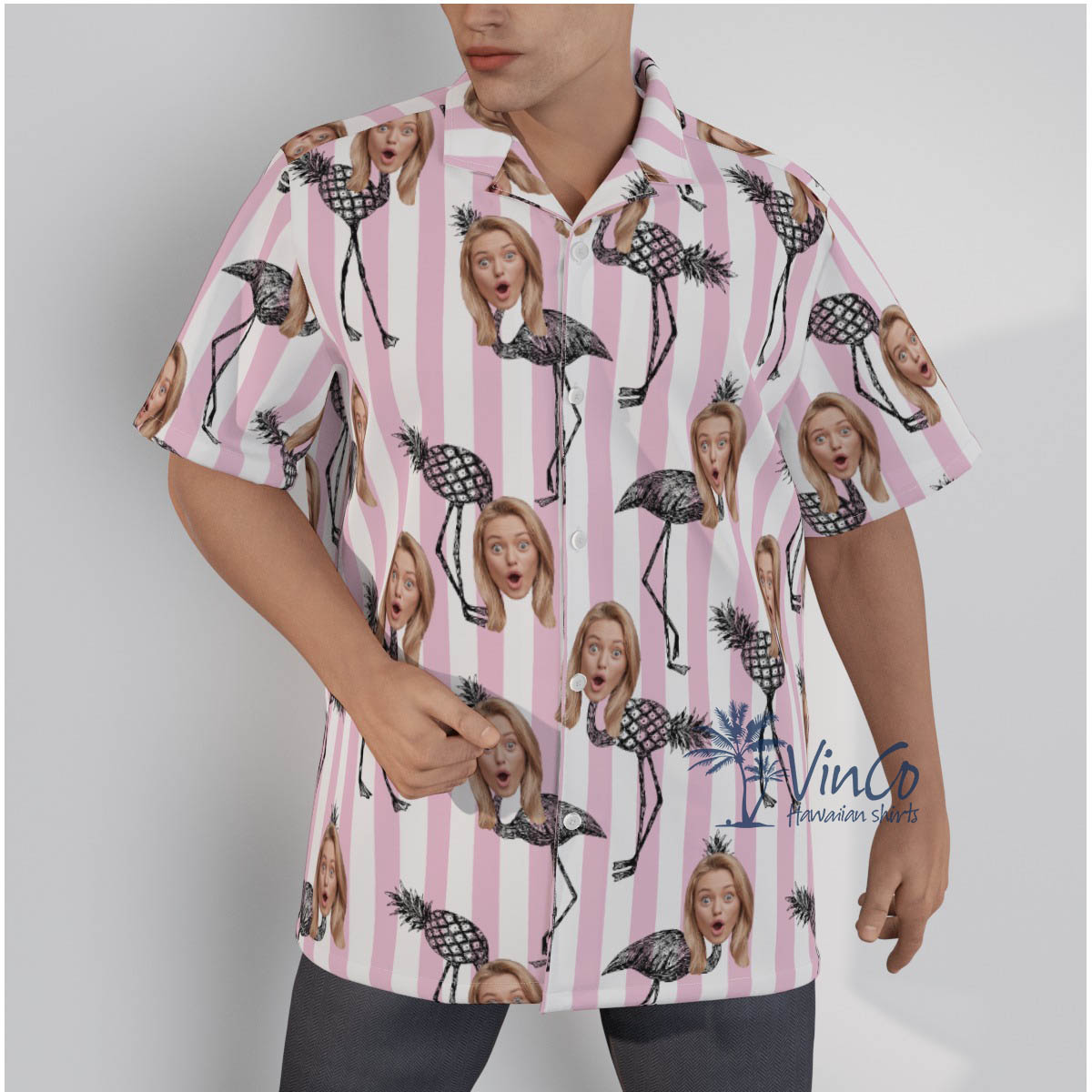 Funny Flamingo Pineapple Custom Face Pink Hawaiian Shirt - variant image 1