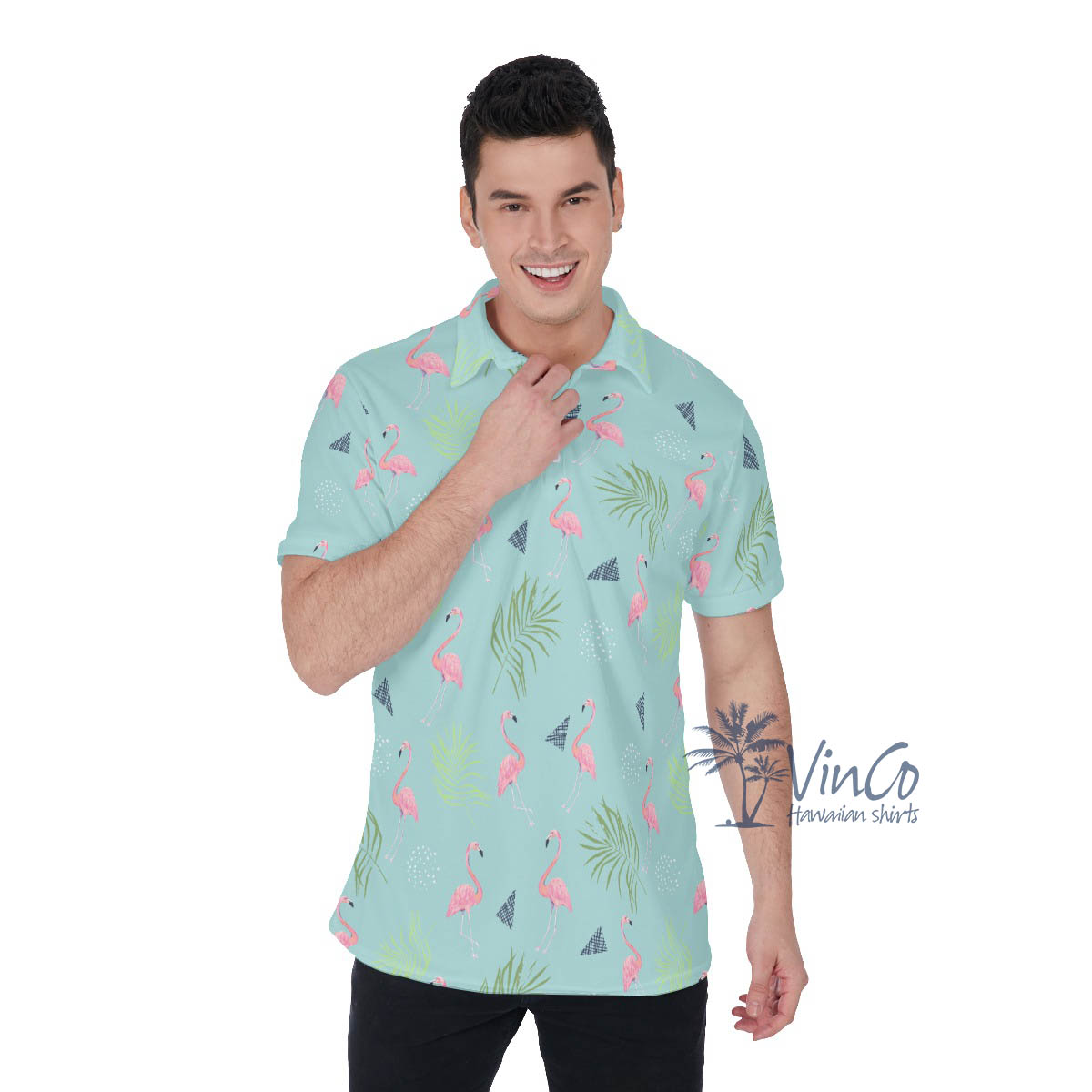 Blue Flamingo Hawaiian Polo Shirt For Men - variant image 1