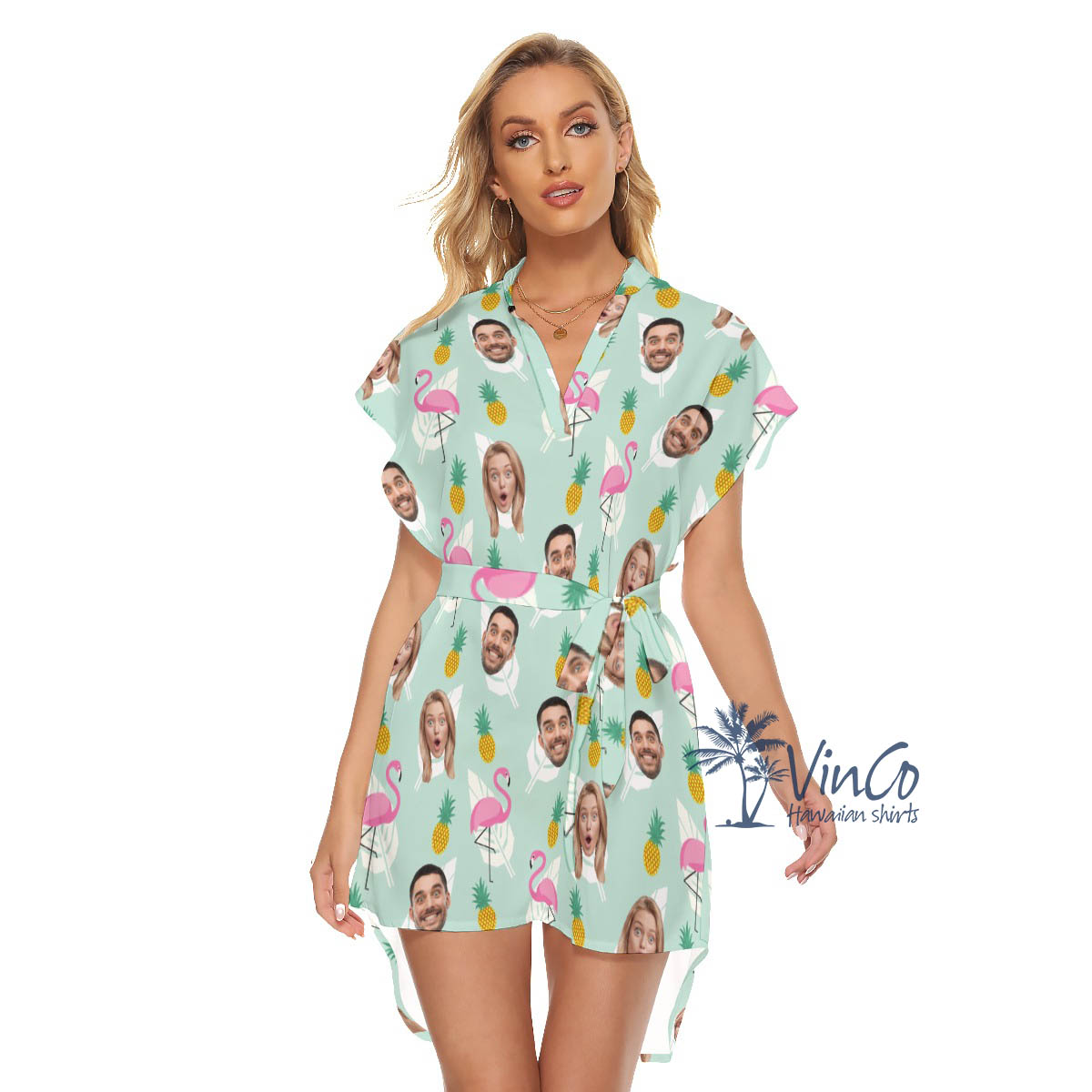 Funny Pineapple Flamingo Custom Face Hawaiian Dresses For Women - variant image 1