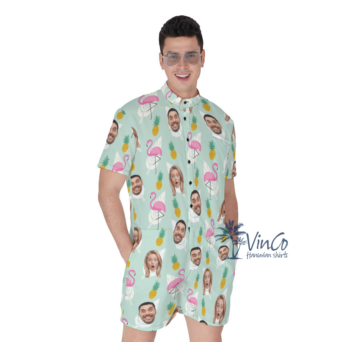 Funny Custom Face Flamingo Pineapple Hawaiian Romper For Men - variant image 1