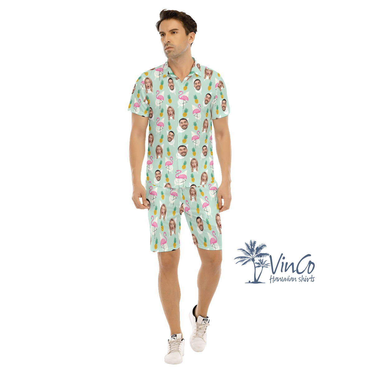 Set Flamingo Pineapple Custom Face Hawaiian Shirt And Shorts For Men - variant image 1