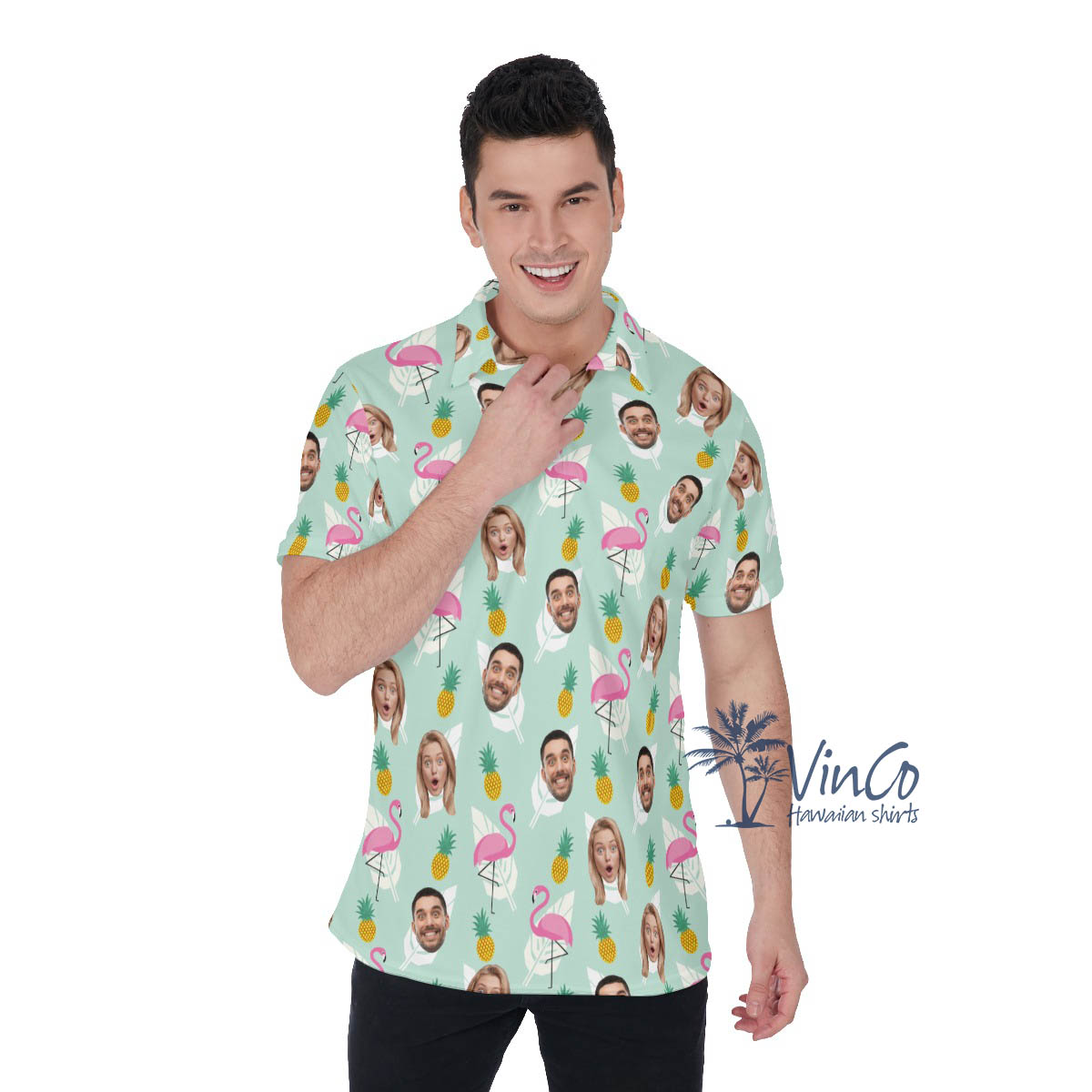 Flamingo Pineapple Custom Multiples Face Hawaiian Polo Shirt - variant image 1