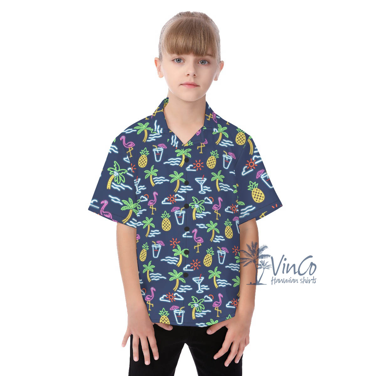 Beach Party Flamingo Hawaiian Button Up Shirt For Kids - variant image 1