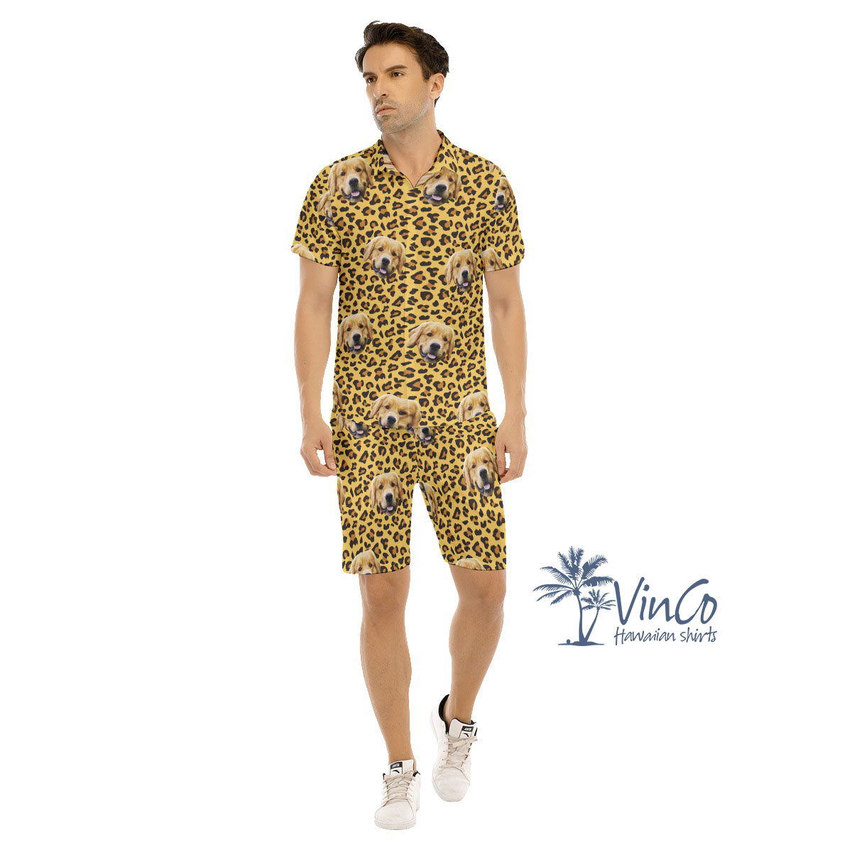 Leopard Custom Men's Hawaiian Shirt And Shorts Set With Dog Face - variant image 1