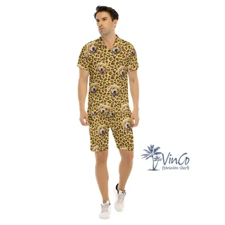 Leopard Custom Men's Hawaiian Shirt And Shorts Set With Dog Face