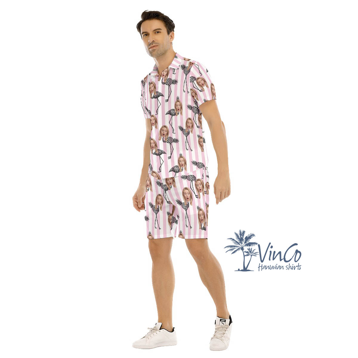 Funny Flamingo Pineapple Hawaiian Shirt And Matching Shorts With Custom Face
