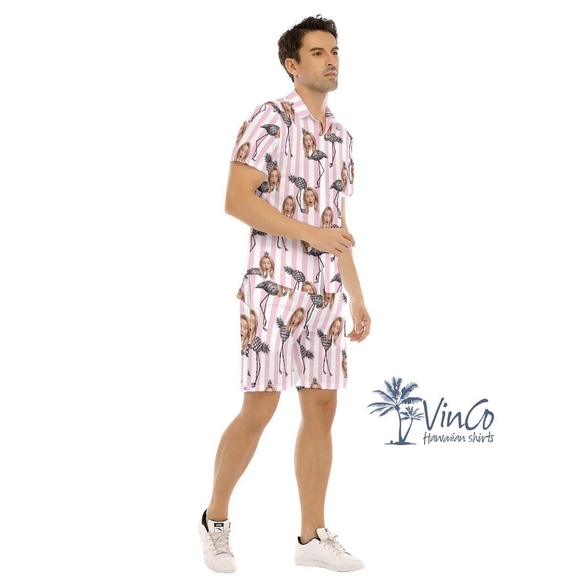 Funny Flamingo Pineapple Hawaiian Shirt And Matching Shorts With Custom Face
