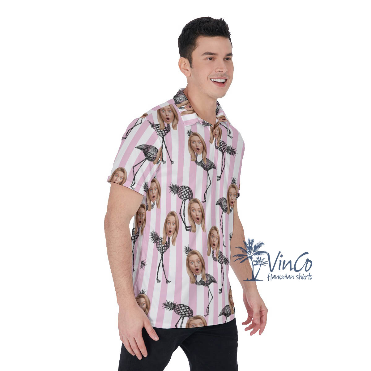 Custom Face Pineapple Flamingo Pink Hawaiian Polo Shirt