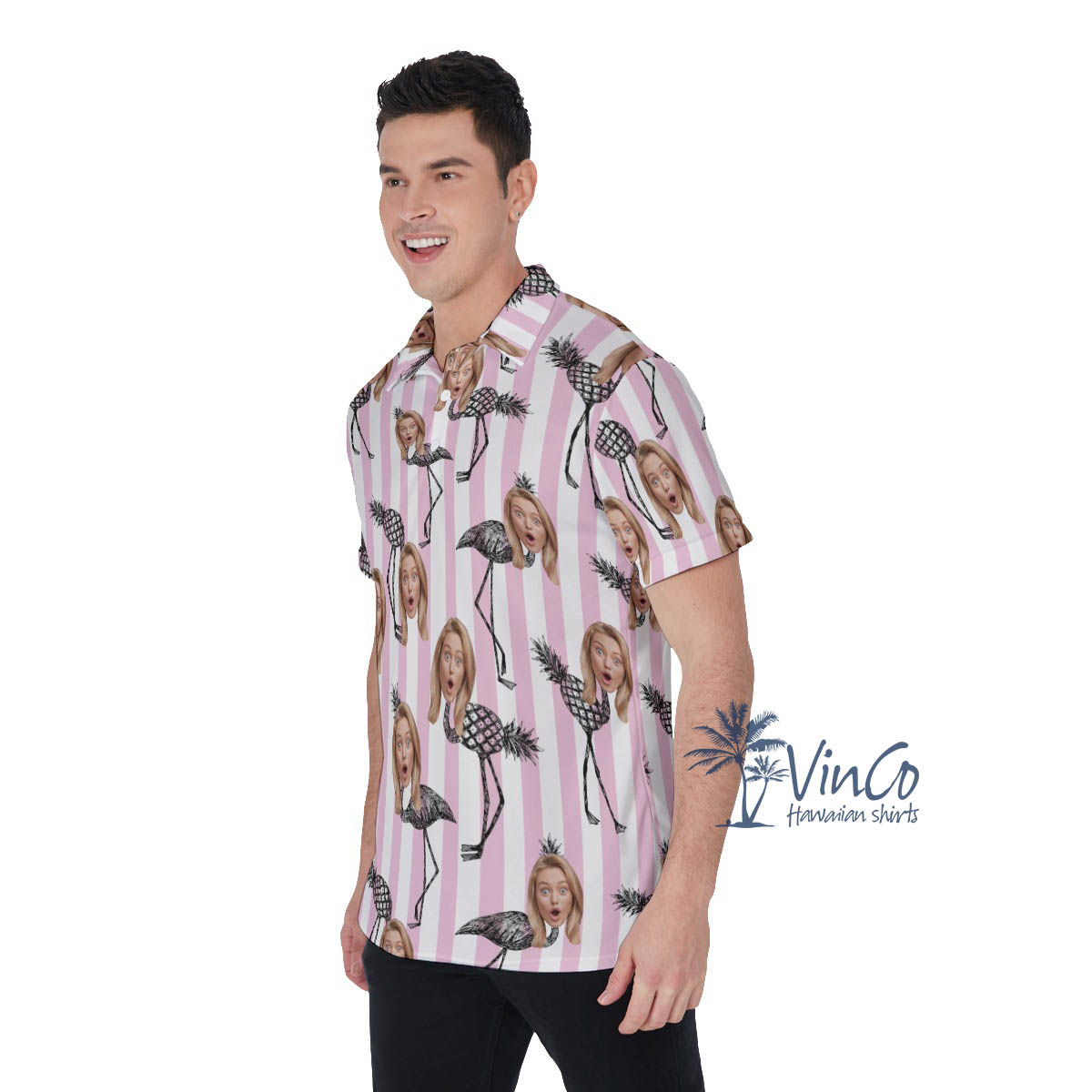 Custom Face Pineapple Flamingo Pink Hawaiian Polo Shirt