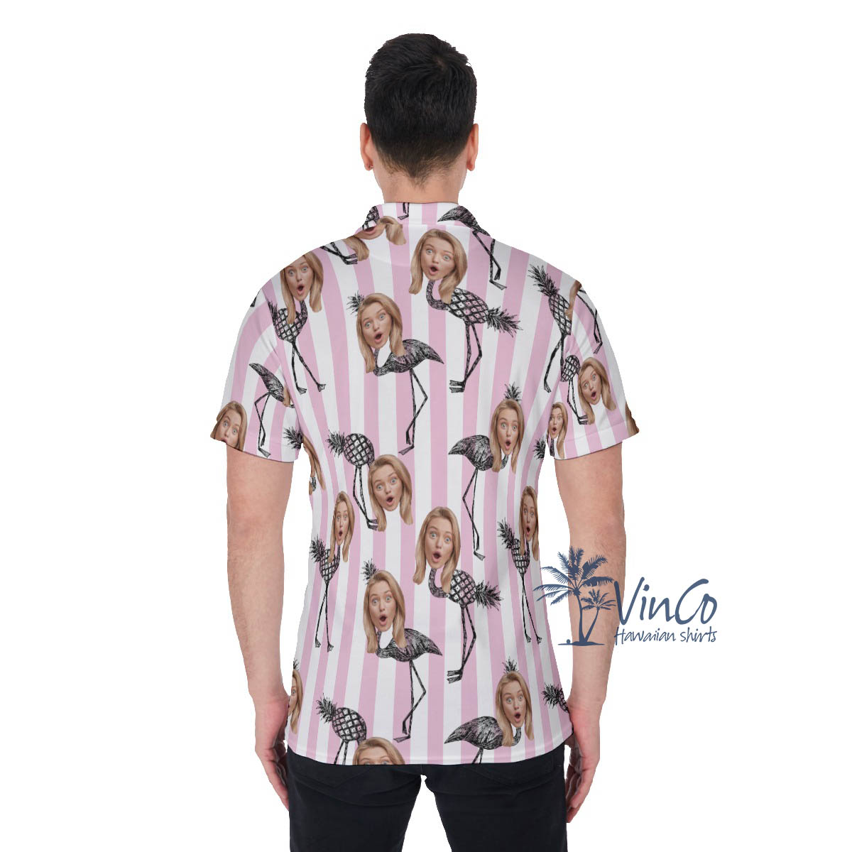 Custom Face Pineapple Flamingo Pink Hawaiian Polo Shirt