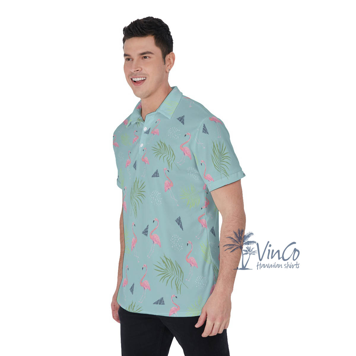 Blue Flamingo Hawaiian Polo Shirt For Men