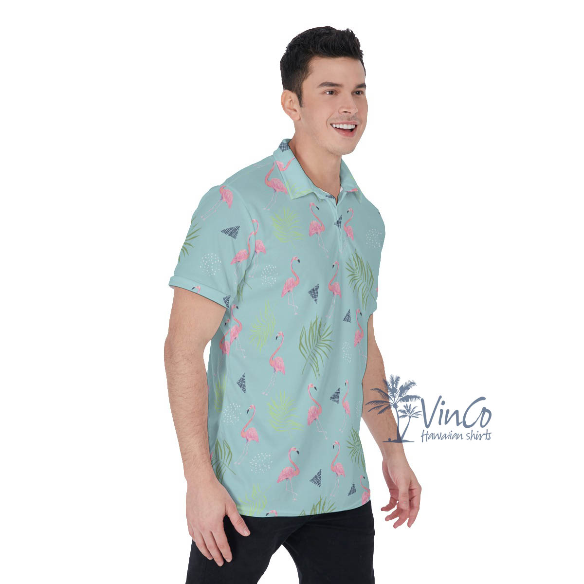Blue Flamingo Hawaiian Polo Shirt For Men