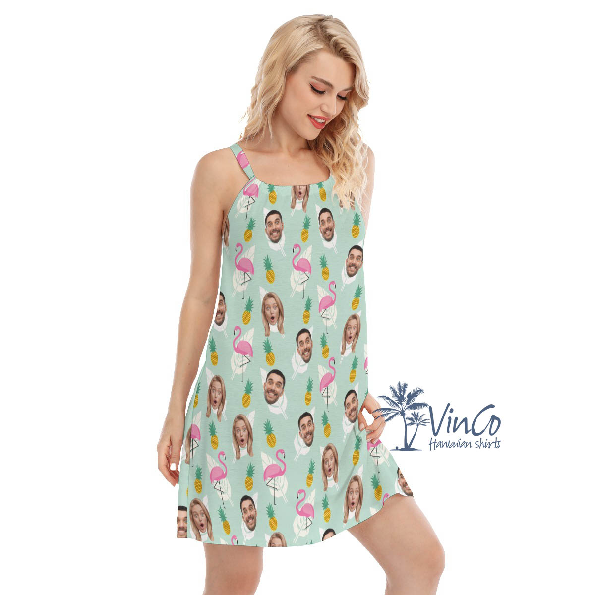 Funny Flamingo Hawaiian Cami Dress With Custom Face