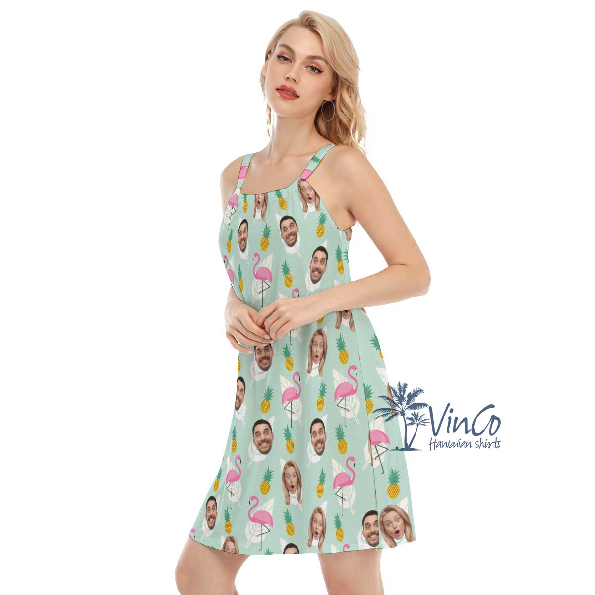 Funny Flamingo Hawaiian Cami Dress With Custom Face