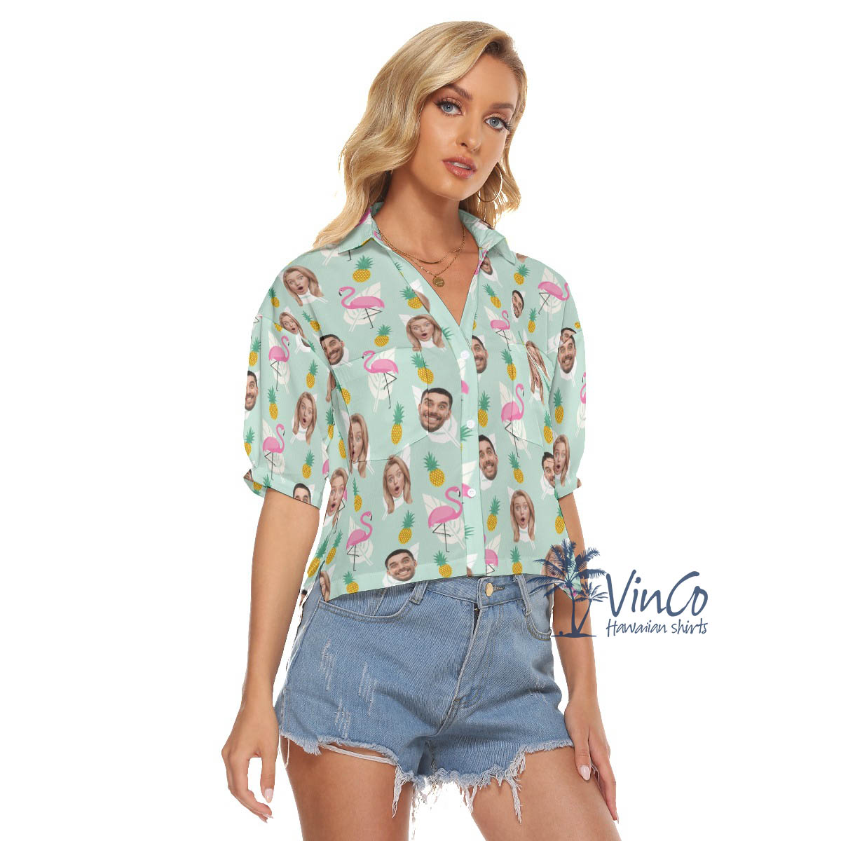 Funny Flamingo Pineapple Hawaiian Cropped Shirt With Custom Multiples Faces