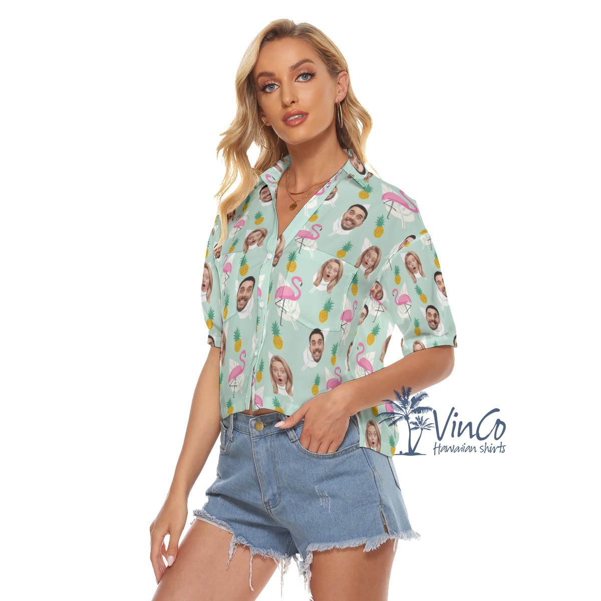Funny Flamingo Pineapple Hawaiian Cropped Shirt With Custom Multiples Faces
