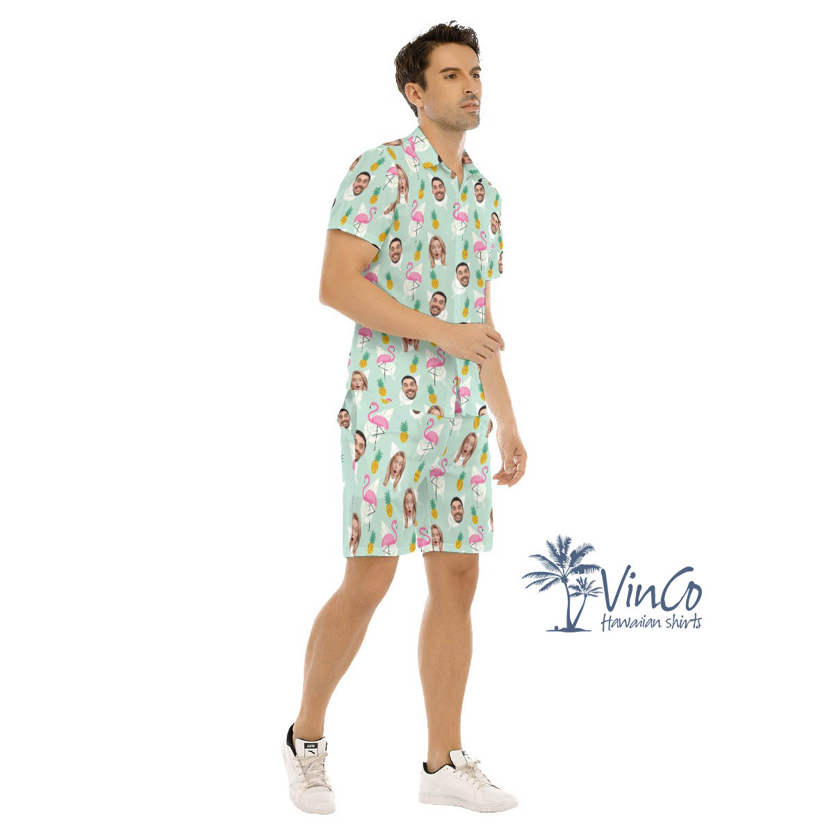 Set Flamingo Pineapple Custom Face Hawaiian Shirt And Shorts For Men