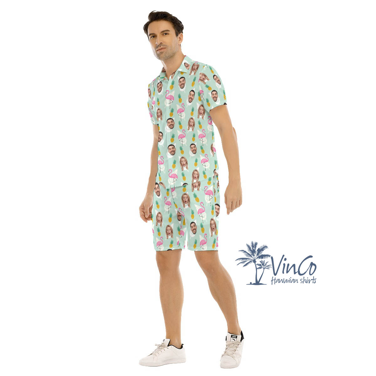 Set Flamingo Pineapple Custom Face Hawaiian Shirt And Shorts For Men