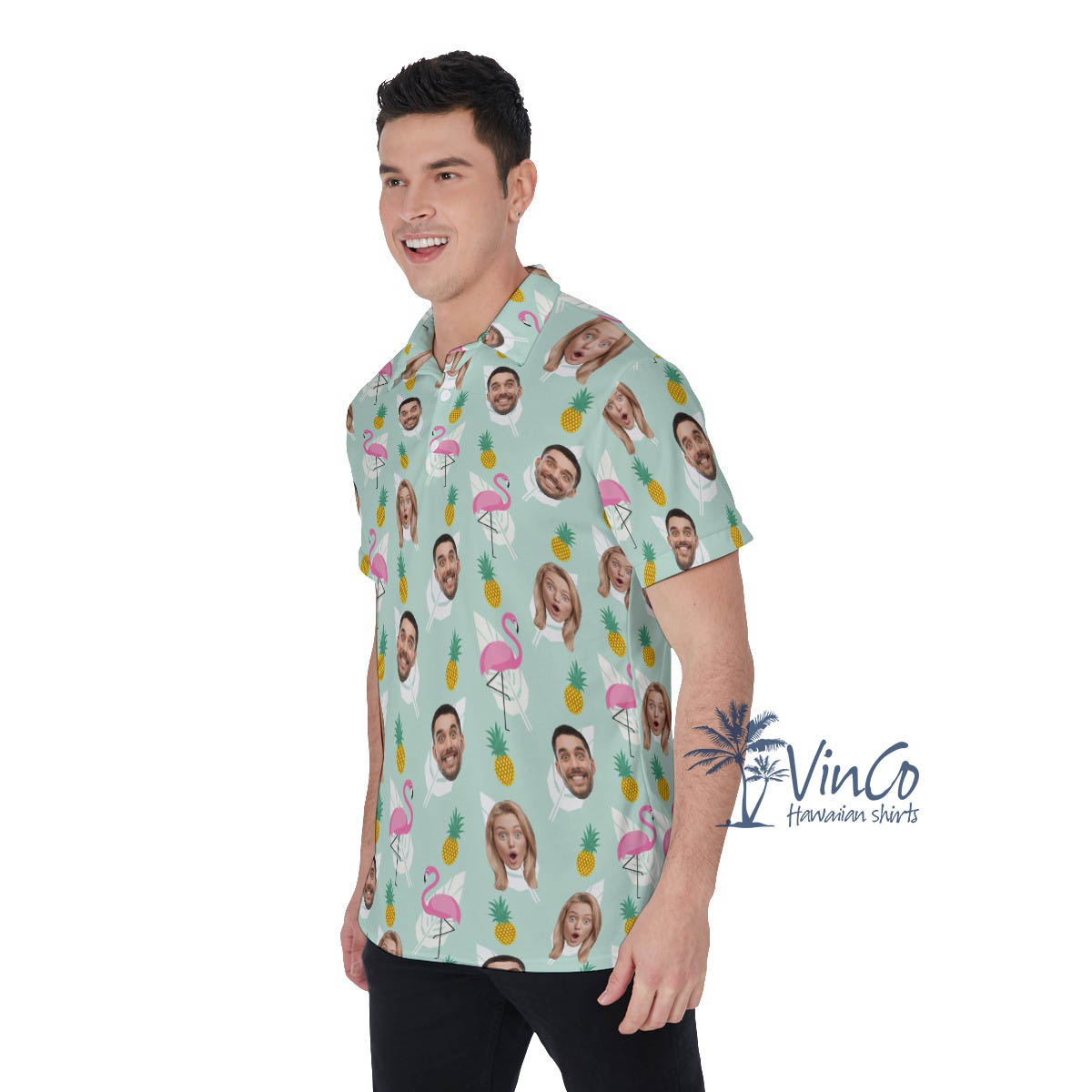 Flamingo Pineapple Custom Multiples Face Hawaiian Polo Shirt