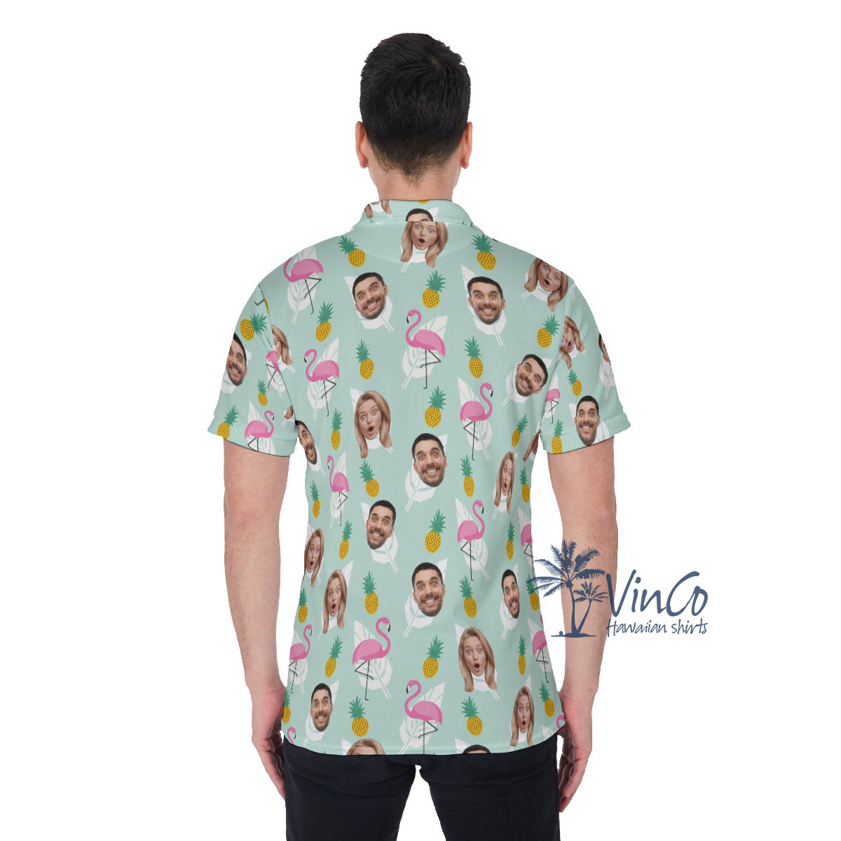 Flamingo Pineapple Custom Multiples Face Hawaiian Polo Shirt