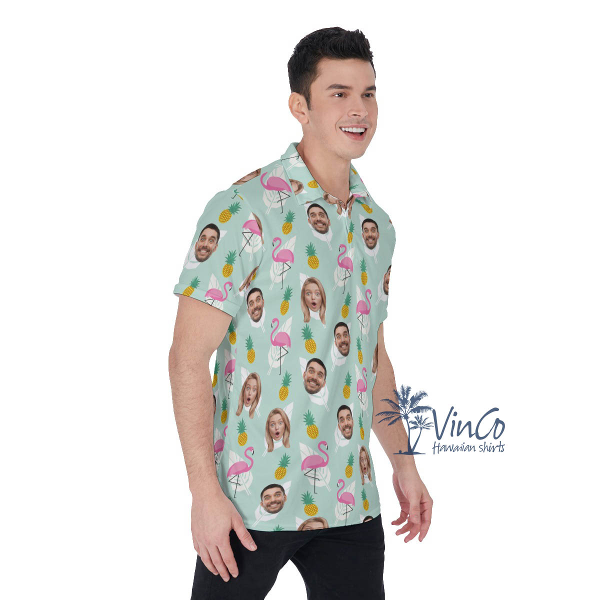 Flamingo Pineapple Custom Multiples Face Hawaiian Polo Shirt